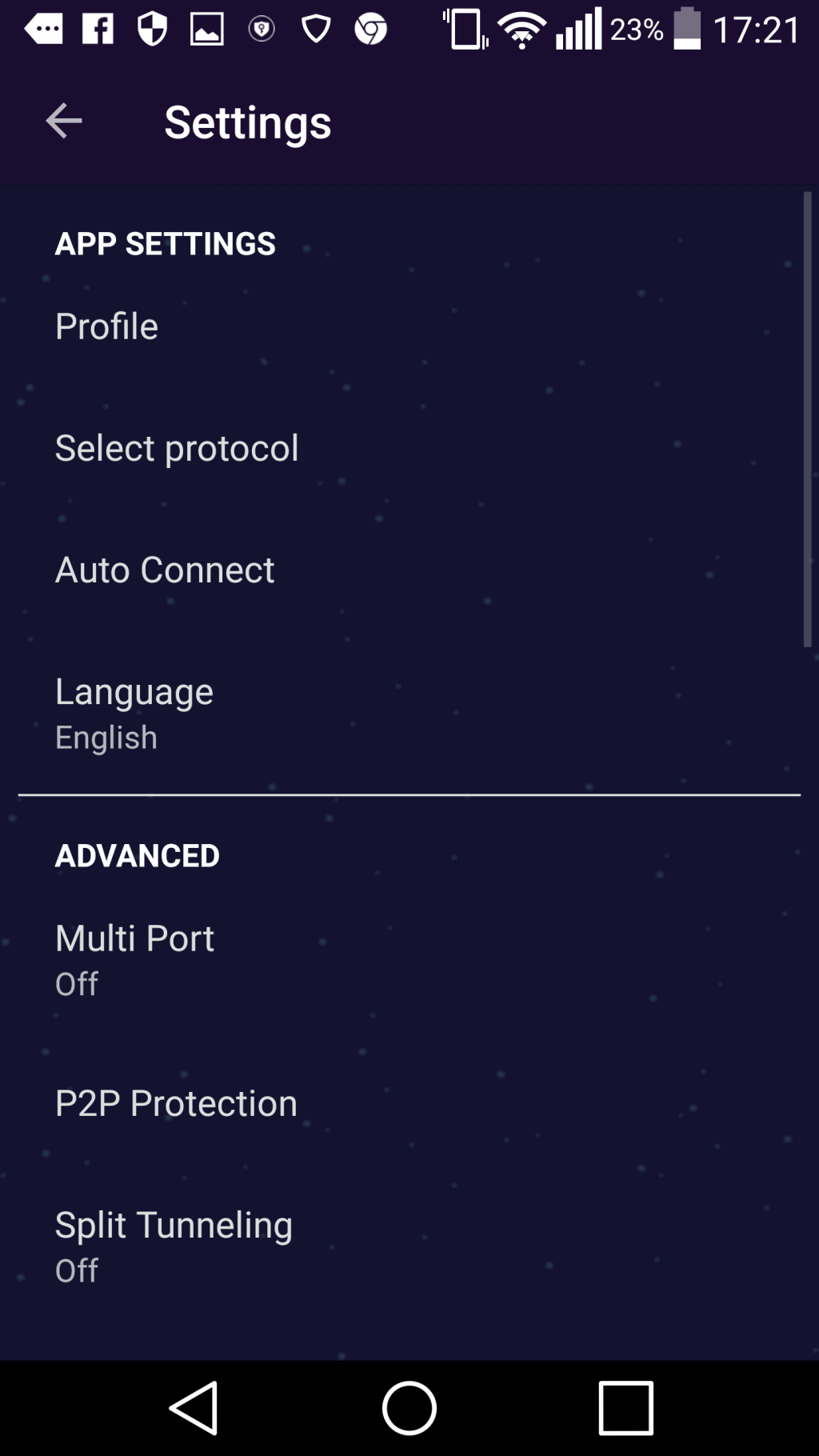 Pure VPN Android Settings Page